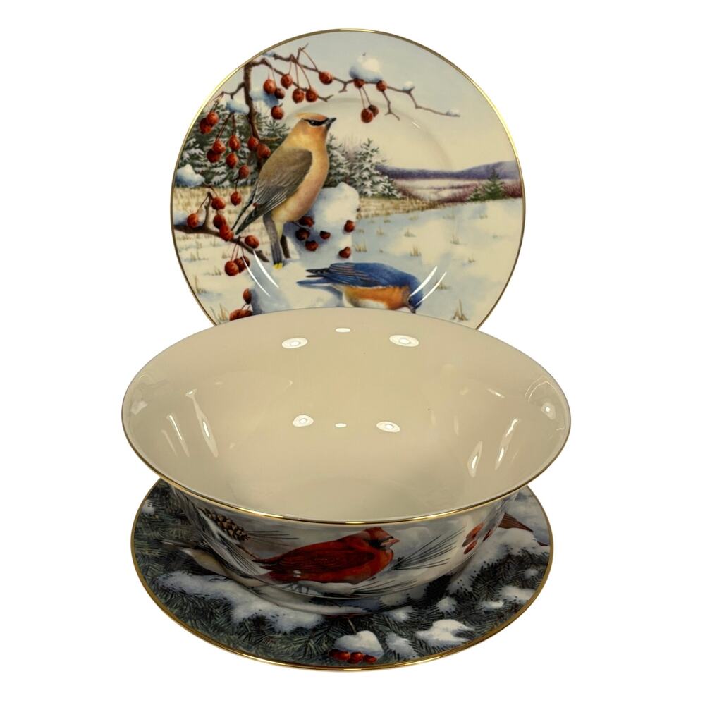 Lenox Winter Greetings Scenic Cardinal Waxwing Birds Serving Plates Bowl Set 3